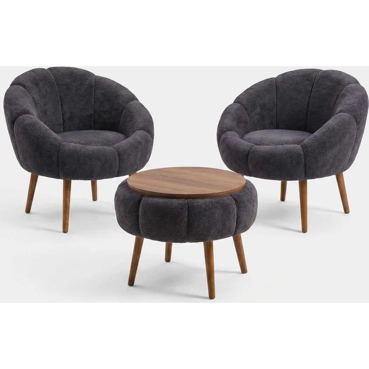 Hanah Home Elegantes Ohrensessel- und Couchtisch-Set (3-teilig), Anthrazit, 100% Leinen und Esche | 18 mm melaminbeschichtet | Moderner Komfort – Bild 3