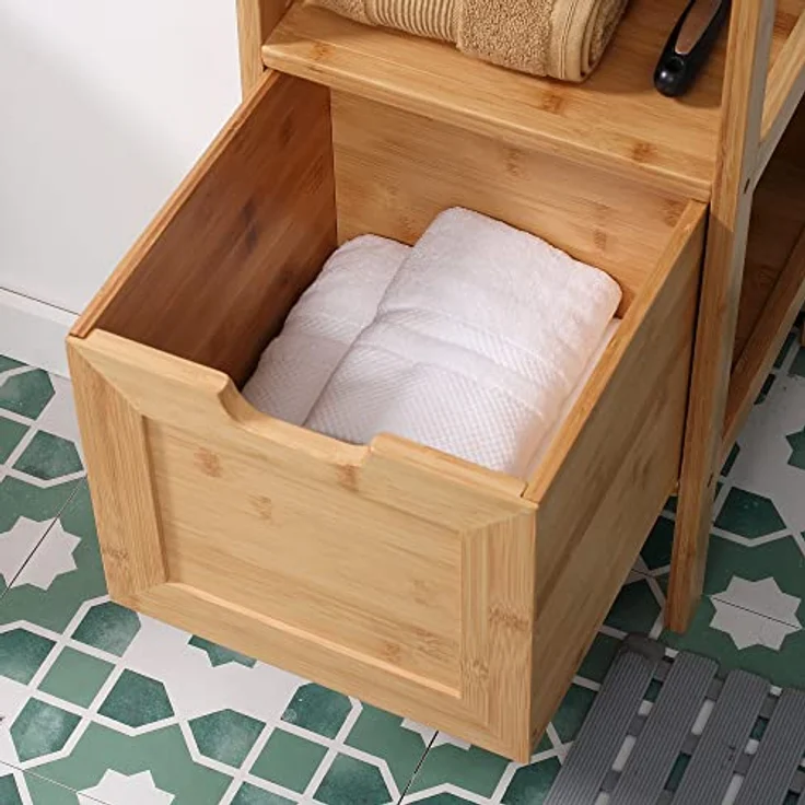 kleankin Badezimmerschrank Badschrank Aufbewahrungsschrank mit Kippschutz aus Bambus, Unterschrank mit 2 Schubladen, Lanfhausstil Beistellschrank, Naturholz, 30 x 30 x 90 cm – Bild 9