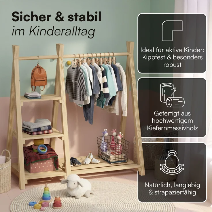 Bellabino 'Ryck' Tipi Kleiderstange mit 3 Regalen, Kiefer Massivholz, natur, 112x48x112 cm, Kindergarderobe mit Schuhablagefläche – Bild 5