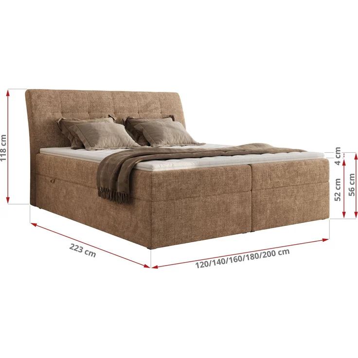 Boxspringbett DAGOS 200 x 200 cm mit Kopfteil, Lattenrost und Stauraum – Doppelbett mit Matratze & Topper T25 , stabile Konstruktion, Bettkasten, modernes Design - Hellbraun Schenille grob gewebt - H4 – Bild 5
