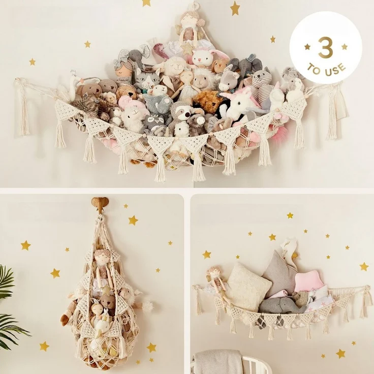 FOUORTUNATE-BEE Hängekorb Hängende Spielzeugaufbewahrung Netz für Kuscheltiere im Kinderzimmer, Boho Spielzeugnetz für Kuscheltiere, Ecken, Wände und Türen – Bild 2