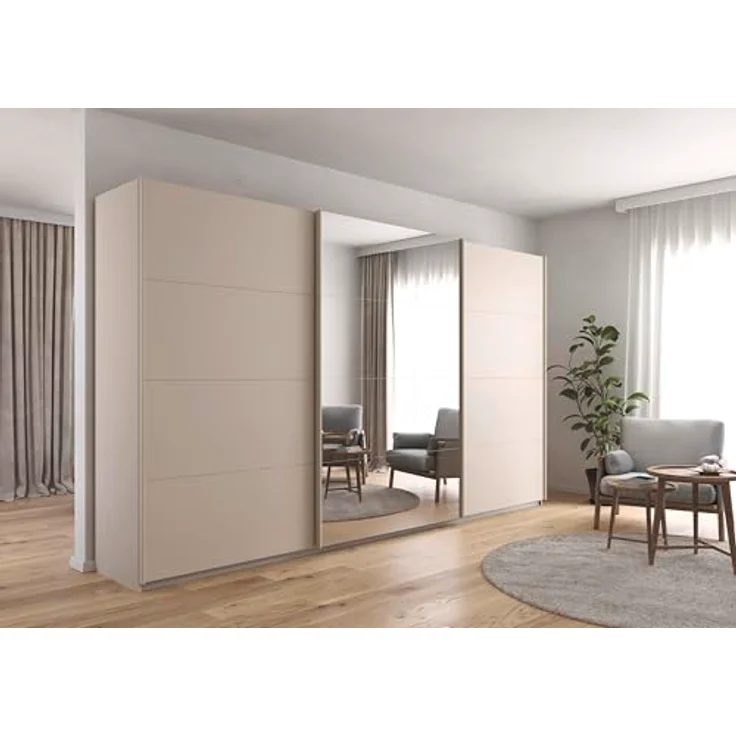 Rauch Möbel Kulmbach, Kleiderschrank mit Schwebetüren für Schlafzimmer, Kinderzimmer, Jugendzimmer, Garderobe, Flur, 3-türig, mit Spiegel, Zubehör Classic, Farbe Beige, Breite 360 cm – Bild 2