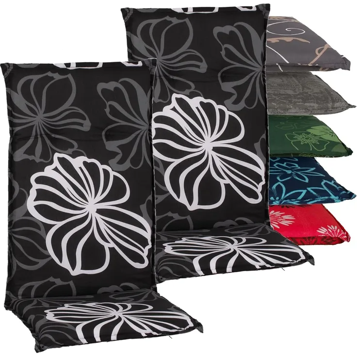 Beo Gartenstuhlauflagen Hochlehner 2er Set Barcelona | Made in EU nach Öko-Tex Standard | Hochlehner Auflagen waschbar | Atmungsaktive Stuhlauflagen Hochlehner mit Blumen in Grau-Schwarz-Weiß