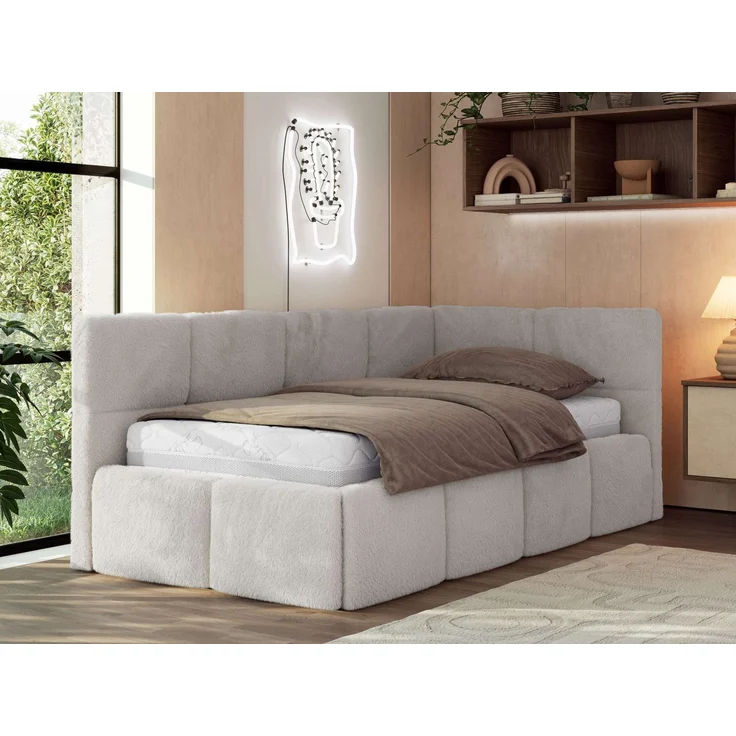 Jugendbett 90x200 ARVO Polsterbett mit Bettkasten, Stauraum & Gasdruckfeder, Modernes Design mit Kopfteil, Pocket Matratze - Hellgrau Plüsch - VIRE LUX - Rechts Seite – Bild 1