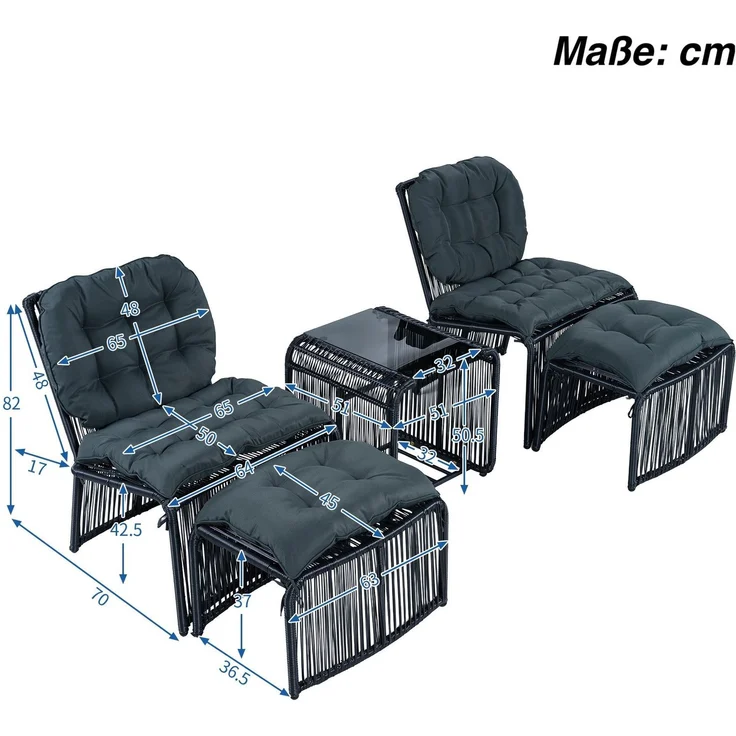 Gartenlounge-Set mit Glastisch, 2 Stühlen und 2 Hocker, 5-teilig, 5-tlg, Loungeset, Essgruppe für Garten – Bild 5
