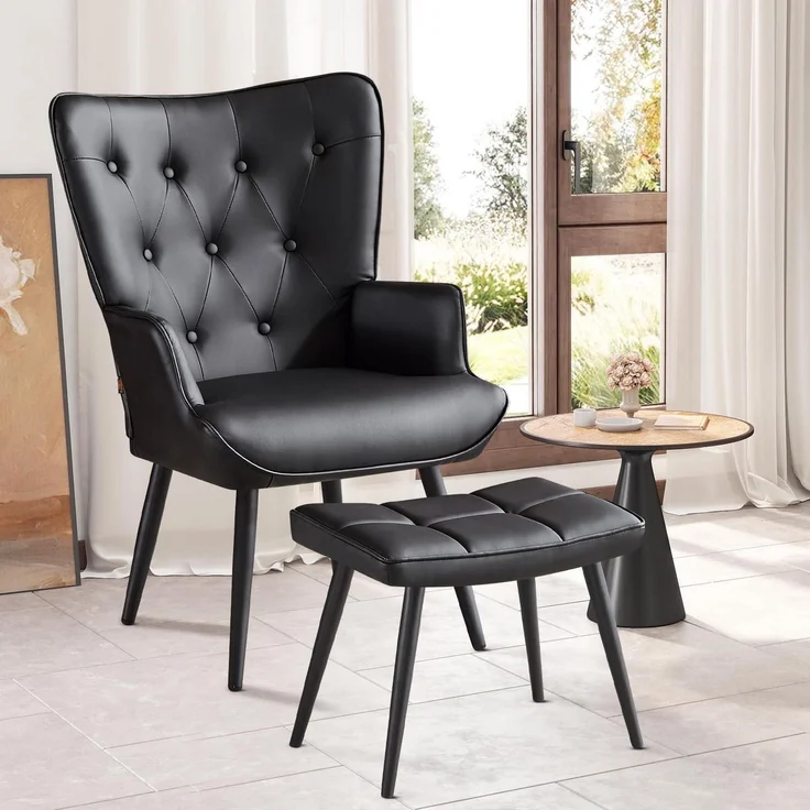 Sessel Ohrensessel Relaxsessel Kunstleder mit Hocker Schwarz pu – Bild 1
