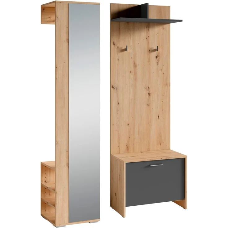 byLIVING Garderoben-Set Ben/Flur Garderobe mit Spiegel/viel Stauraum / 3-teilig/Hochschrank/Wandpaneel/Sitzbank (Artisan Eiche-Optik/Anthrazit)