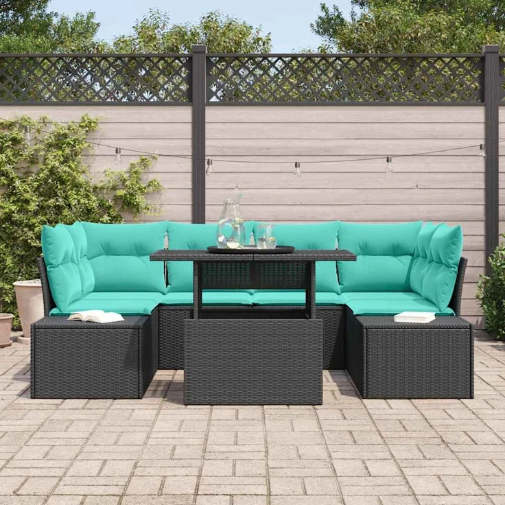vidaXL Sofa Set 7 stk. 6-Sitzer Schwarz und Blau Poly-Rattan 3349122 – Bild 3