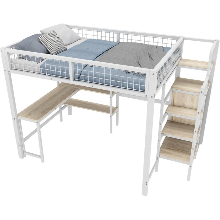 Hochbett, 140*200 cm, Eisenbett, Ablageleiter, mehrere Regale, Ohne Matratze, Einbauschrank, Schreibtisch, Weiß – Bild 5