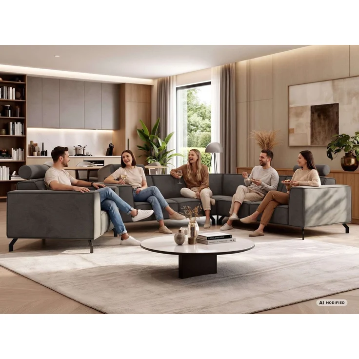 Möbelset 2-teilig, Ecksofa mit Sessel VESANO, Wohnlandschaft, Ecksofa L-Form mit Sessel, HR-Schaum & Wellenfederung, Set mit verstellbaren Kopfstützen - Beige Cord – Bild 3