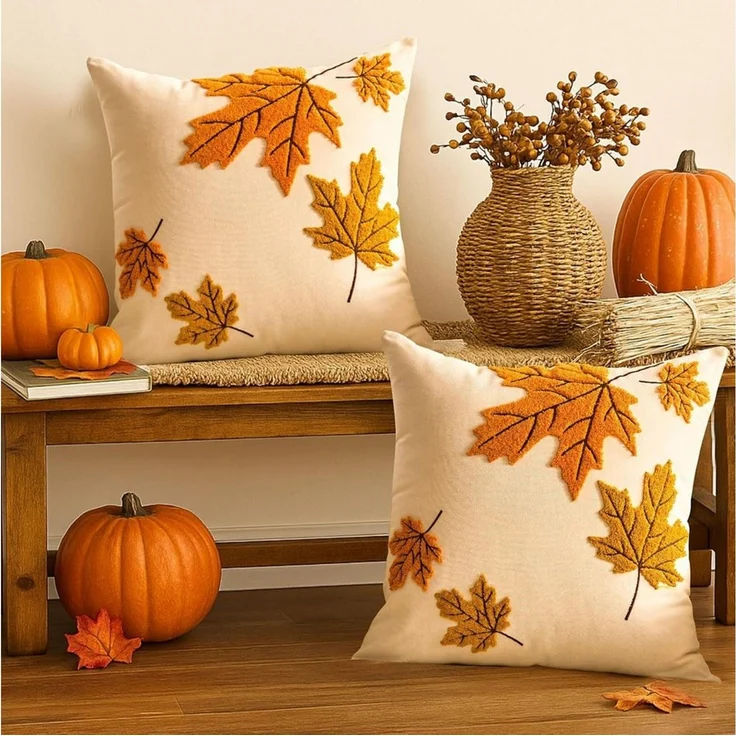 FOUORTUNATE-BEE Kissenbezug Herbstliche Kissenbezüge mit Ahornblättern, 2er Set, (2 Stück), Samtige Kissenhüllen mit Ahornblatt-Motiv für Herbstdeko – Bild 4