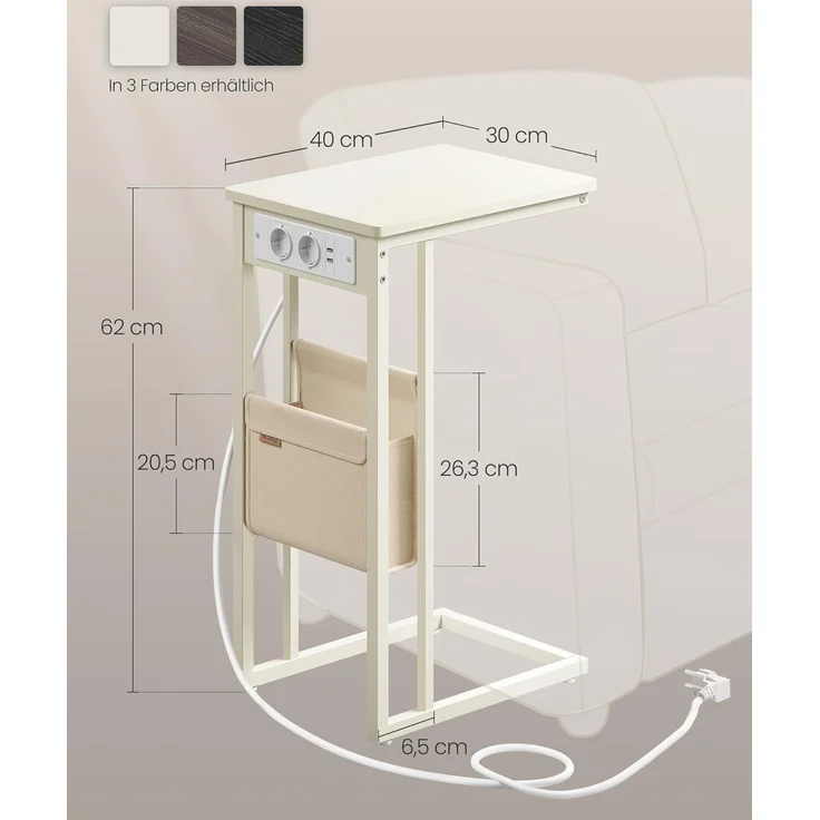 VASAGLE Beistelltisch, Sofatisch mit Ladestation, C Form, Couchtisch klein, Stofftasche, verstellbare Füße, Schlafzimmer, Wohnzimmer, 2 USB-Anschlüsse, 2 AC-Steckdosen, cremeweiß LET356W02 – Bild 6
