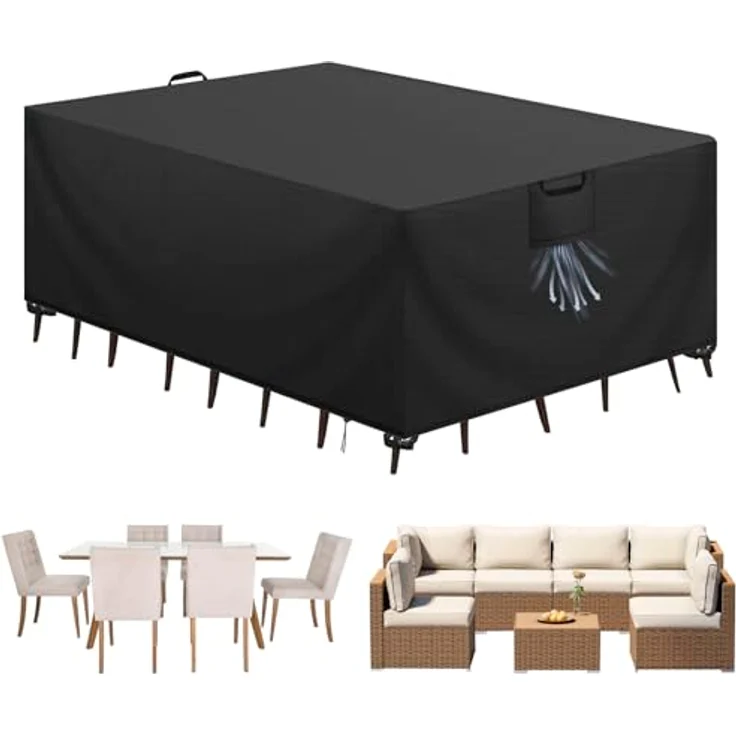 Aujink Abdeckung Gartenmöbel Winterfest, Wasserdichte Schutzhülle Gartenmöbel 420D Oxford Anti-UV Abdeckplane für Gartentische Terrassenmöbel Regenschutz und Staubfest Abdeckhaube Schwarz 180 x 120 x 74 cm – Bild 2