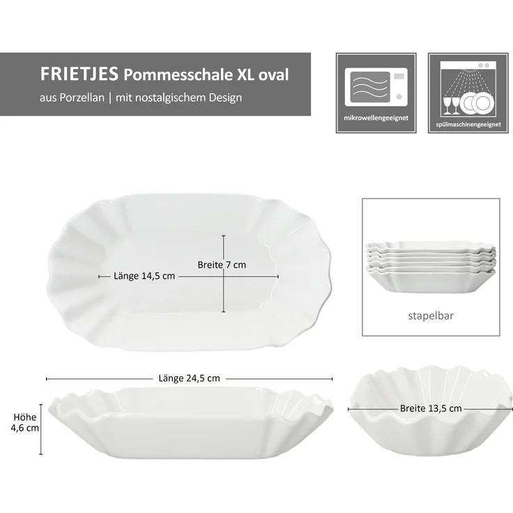 6x Frietjes XL Pommesschale oval weiß Currywurst-Schale Servier-Teller Porzellan – Bild 5