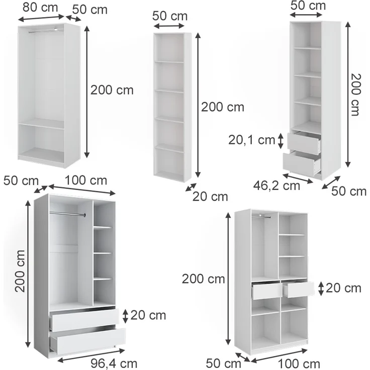 Kleiderschrank Elmo Weiß 50 x 200 cm 5er Set Vicco – Bild 2