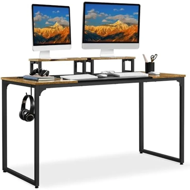 Yaheetech Schreibtisch Computertisch, Arbeitstisch Lerntisch mit 2 Motorhalterung/2 Kabeldurchführungen/1 Kopfhörerhaken, 140 × 60 × 89,5 cm, Rustikales Braun