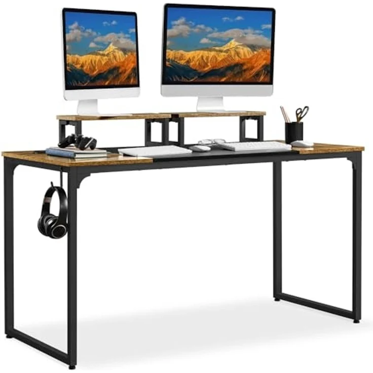 Yaheetech Schreibtisch Computertisch, Arbeitstisch Lerntisch mit 2 Motorhalterung/2 Kabeldurchführungen/1 Kopfhörerhaken, 140 × 60 × 89,5 cm, Rustikales Braun – Bild 1