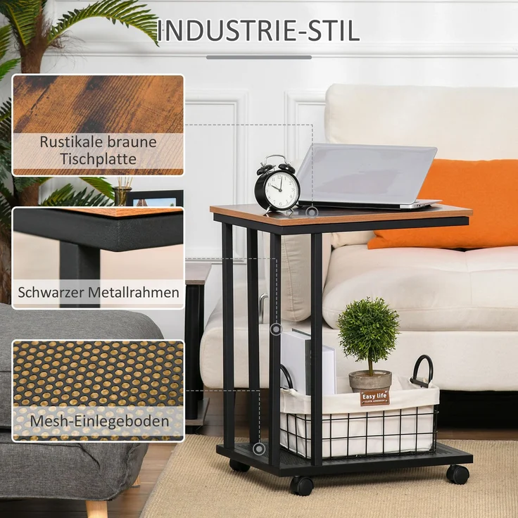 HOMCOM Couchtisch, MDF, Metall, Schwarz + Walnuss, L51 x B36 x H65 cm – Bild 4