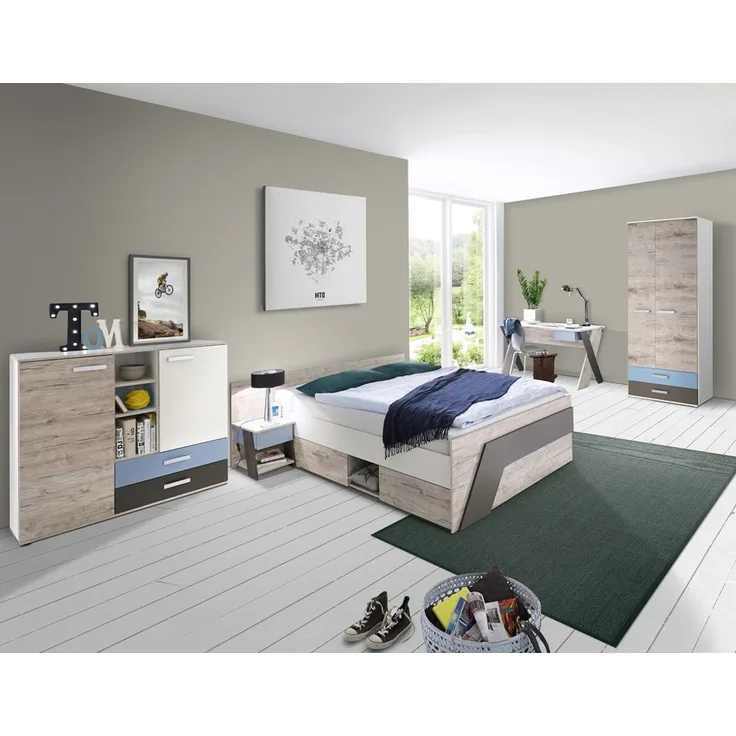 Jugendzimmer Komplett-Set mit Bett 140x200 cm mit Kleiderschrank LEEDS-10 in Sandeiche Nb. mit weiß, Lava und Denim Blau