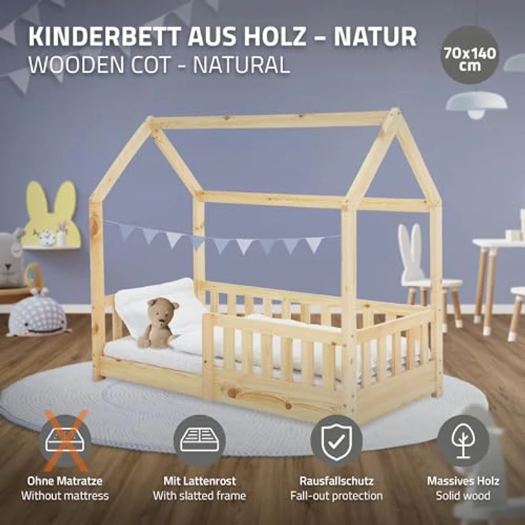 ML-DESIGN Kinderbett Hausbett Spielbett inkl. Lattenrost kreativ Bodenbett für Kinder, Abenteuerbett mit Rausfallschutz Spielbett Kiefer Natur Himmelbett – Bild 4