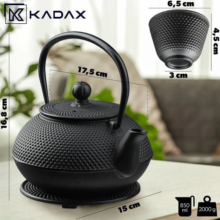 KADAX Schwarzer Teekessel, Gusseisen-Teekanne, Teesieb, 850 ml, 2 Tassen – Bild 2