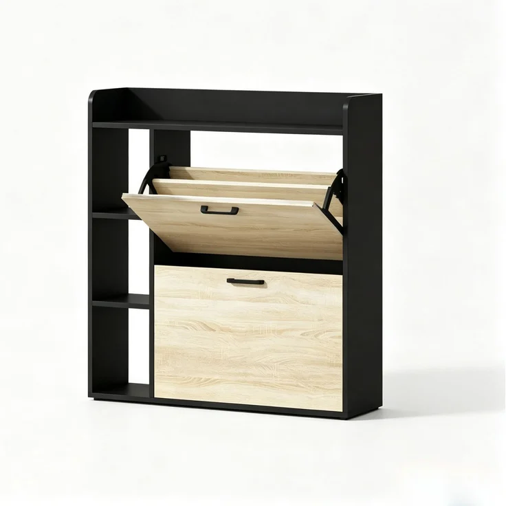 Schuhschrank 83x24x90,5 cm mit 2 Kippladen und Seitenfächern, Schwarz/Naturholzoptik – Bild 6