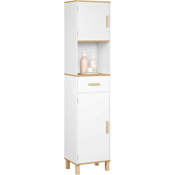 EUGAD Badezimmerschrank,Hochschrank, Badschrank mit 5 Fächern 1 Schublade, weiße Kommode im Badezimmer, Schrank mit verstellbaren Trennwänden, weiß 40 x 180 x 30 cm