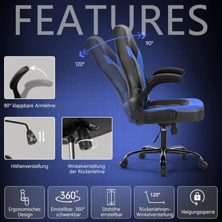 SURFOU Gaming Stuhl, Chair Sessel Bürostuhl, Schreibtischstuhl Ergonomischer, Gamer Stühle Gamerstuhl Männer Gamingstuhl Gamingstühle Gaming-Stuhl Computerstuhl Computersessel Gamingsessel, Blau – Bild 5