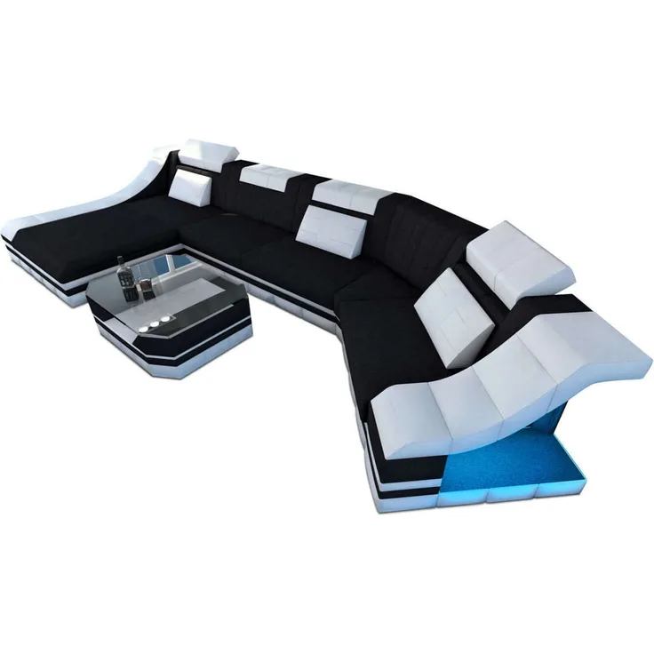 Polster Wohnlandschaft Turino C-Form mit LED - Mikrofaserstoff - Schwarz-Weiß - Links