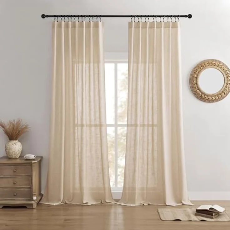 Joydeco Leinen-Vorhänge für Wohnzimmer, halbtransparente Vorhänge, 183 cm lang, Wohnzimmervorhänge, 2 Paneel-Sets, beige Vorhänge und Vorhänge (B 132 x L 183 cm, Ecru) – Bild 1