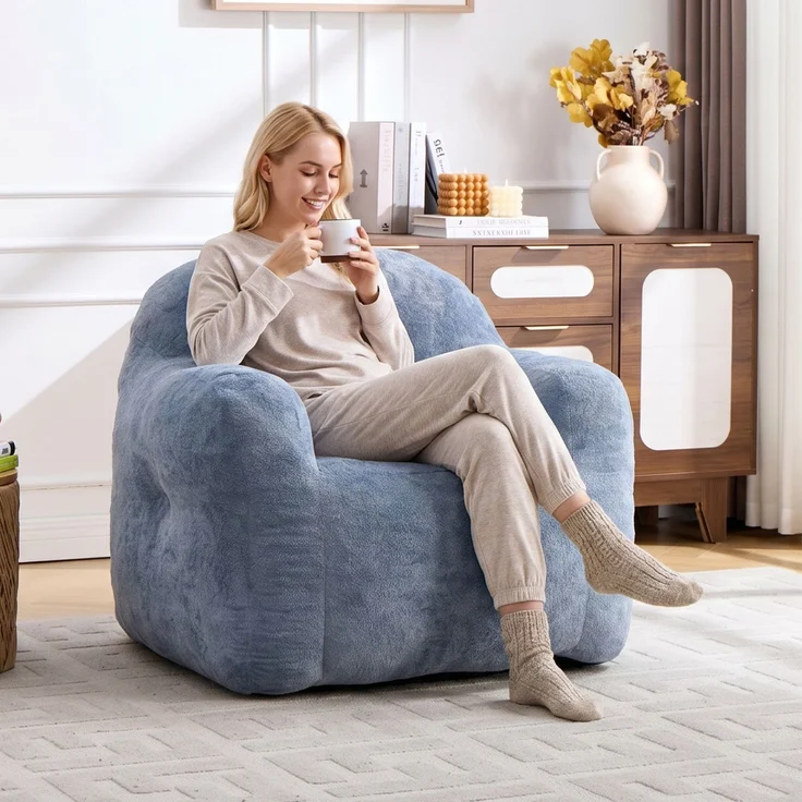 Sofa-Sitzsack in Blau aus Kunstfell, mit Armlehnen, ergonomischer Rückenform und Schaumstofffüllung,79*95*95 cm – Bild 4