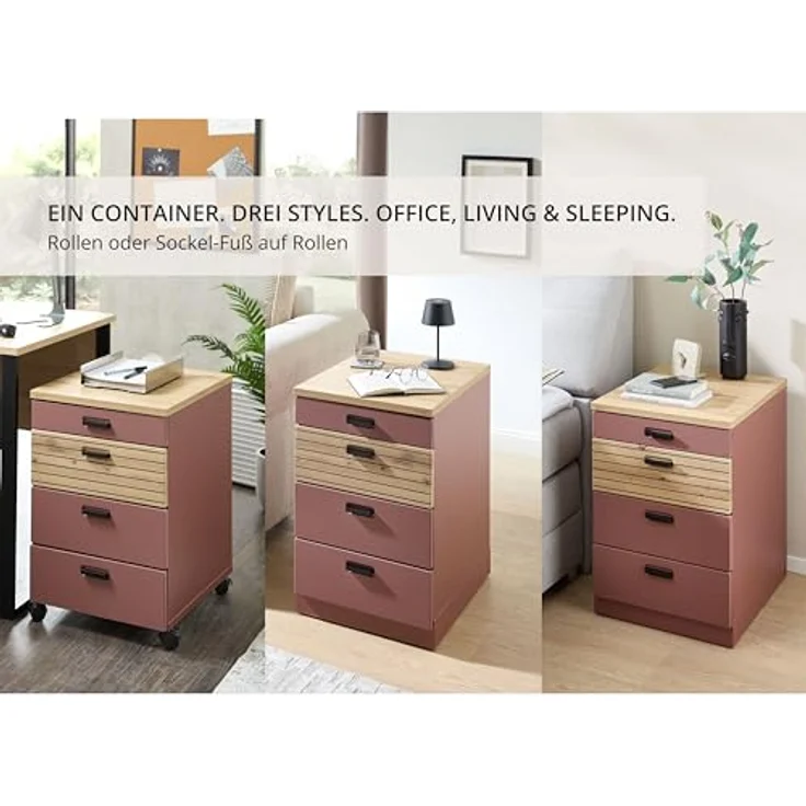 Stella Trading Glenn Rollcontainer Schreibtisch in Rusty Red, Artisan Eiche Optik - Mobiler Büroschrank mit Schubladen - 45 x 66 x 55 cm (B/H/T) – Bild 4