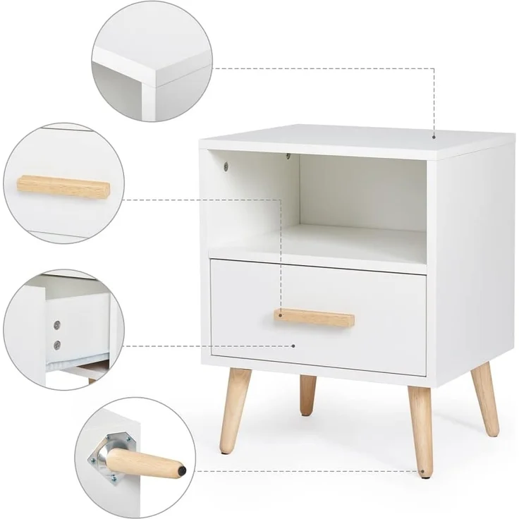 Mondeer Nachttisch, Nachtschrank mit 1 Schublade und 1 Offenem Fach, Holz Modern Nachtkommode mit Massivholzfüßen, Beistelltisch für Schlafzimmer Wohnzimmer, 40 x 30 x 51 cm, Weiß – Bild 4