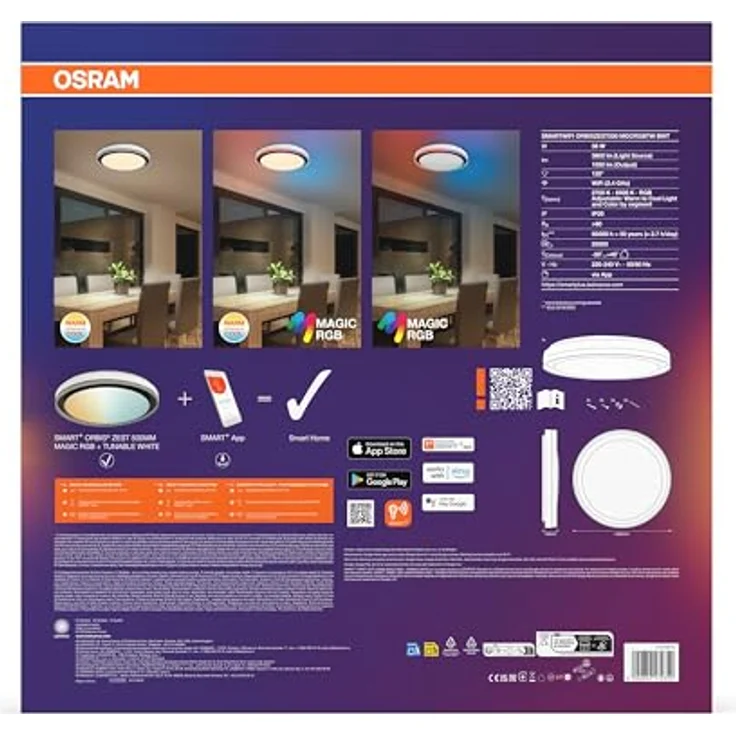 Osram SMART + WIFI LED Deckenleuchte, weiß/schwarz, 32W, 3400lm, Weißlichtfunktion, dimmbar, dynamischer Magic-RGB Lichteffekt, lange Lebensdauer, einfache Montage, App-steuerbar, 2700-6500K – Bild 5