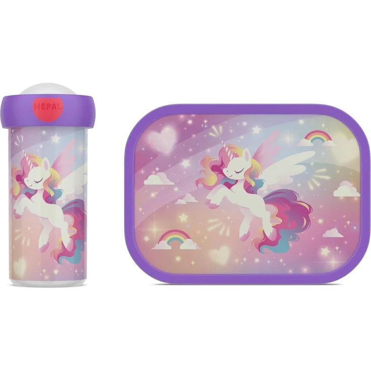 Mepal - Pausenset Campus - Set für Kinder mit Verschlussbecher & Lunch Box - Lunch-Set für die Schule oder unterwegs - Spülmaschinenfest & BPA-frei - 300 + 750 ml - Unicorn Glow