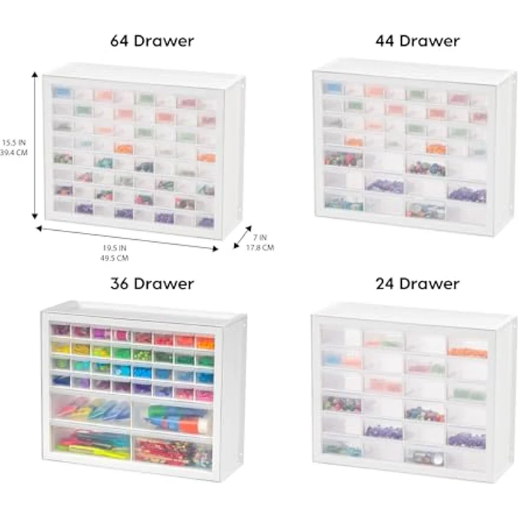 IRIS USA stapelbarer Aufbewahrungsschrank mit 64 Schubladen, 49,5 cm B x 17,8 cm T x 39,5 cm H, Weiß – Kleiner Ziegel-Organizer, Mehrzwecktruhe, Sammelalbum, Kunst, Hobby, mehrere Fächer – Bild 9