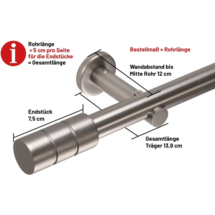 Deco-Raum Gardinenstange Zylinder, Ø 25 mm, 1-läufig, Wunschmaßlänge, kürzbar, Bohren, verschraubt, Metall, Komplett-Set mit Montagematerial – Bild 2