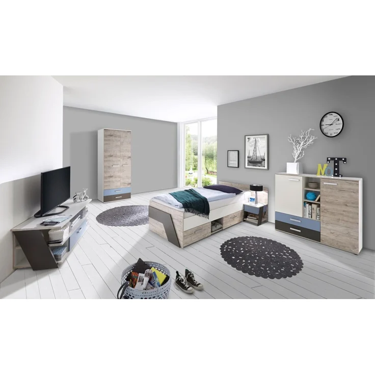 Jugendzimmer Set mit Bett 90x200 cm mit Kleiderschrank LEEDS-10 in Sandeiche Nachbildung mit weiß, Lava und Denim Blau – Bild 1