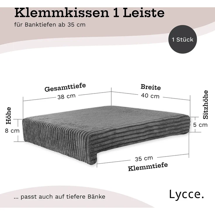 Lycce Bankauflage Klemmkissen mit Leiste - Cord, Polsterung, rutschfest Grau 8x40x38cm – Bild 4