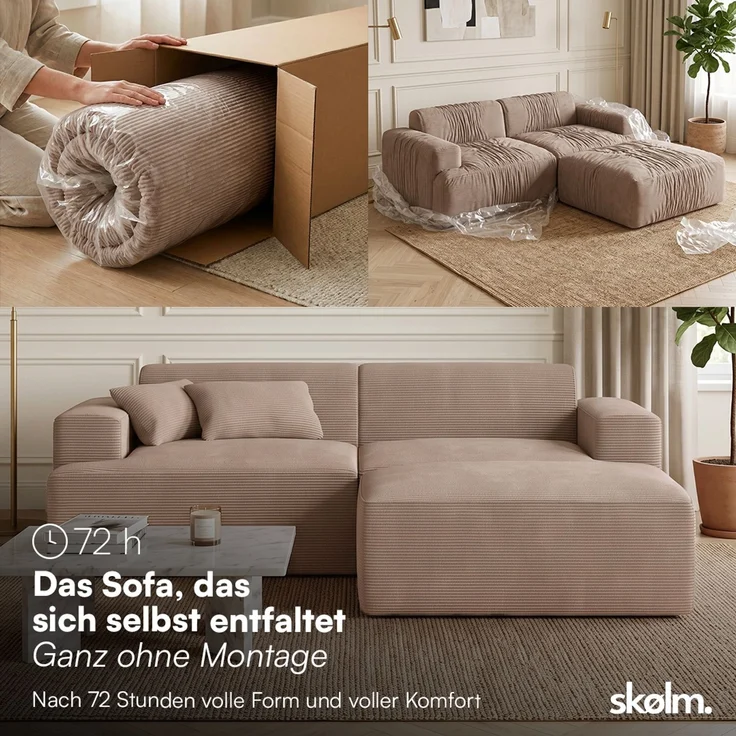 skølm 'Freki' Cloud Sofa 2 Sitzer mit Hocker, Vollschaumcouch mit Federkern und Vakuum-Kompression, kein Aufbau erforderlich, mit 2 Kissen, Cord taupe – Bild 3