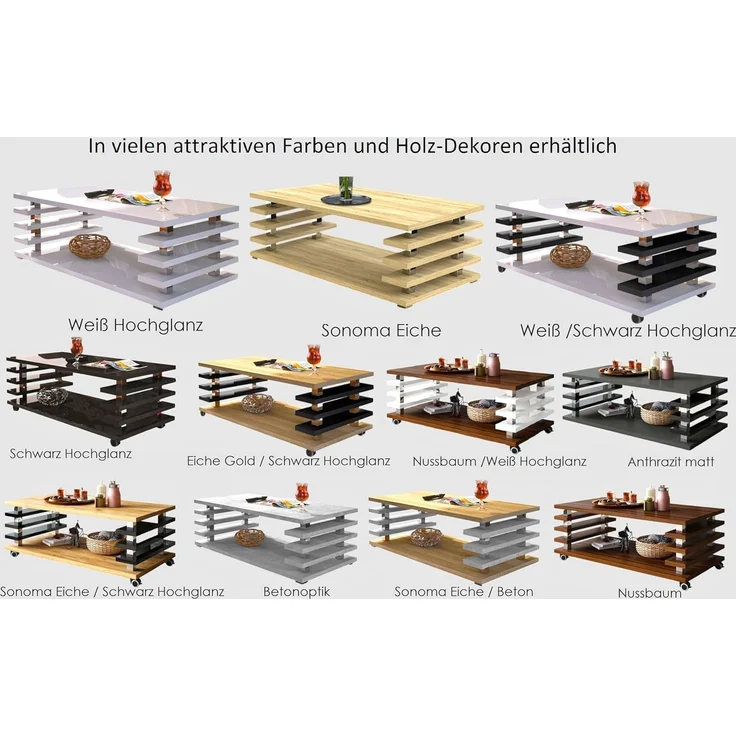 designimpex Couchtisch Carl Svensson DC-3 Wohnzimmertisch Rollen Nussbaum - Weiß Hochglanz – Bild 8