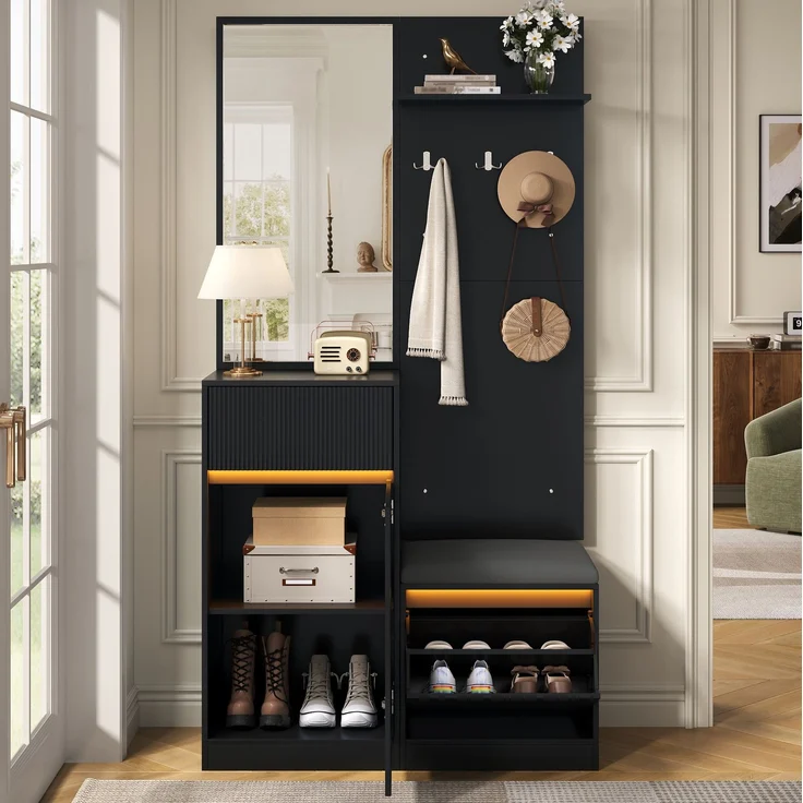 Kompaktgarderobe 105 x 38 x 190 cm in Schwarz mit Spiegel, Sitzbank und LED-Beleuchtung – Bild 4