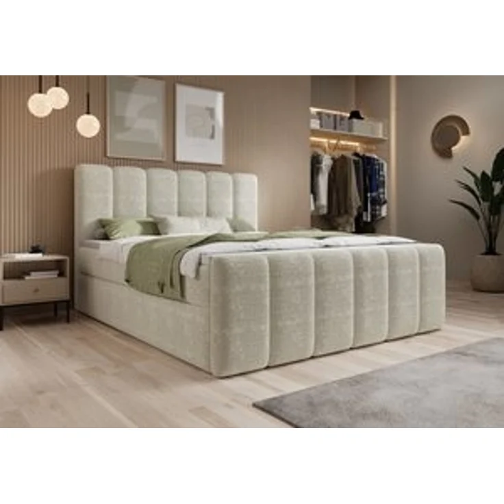 thematys Boxbett mit Bettkasten 140x200cm, mit Bonnellfederkernmatratze H3, Bouclé/Velours, mit Stauraum, mit 3 cm Topper, Beige (Fredo 20) – Bild 7