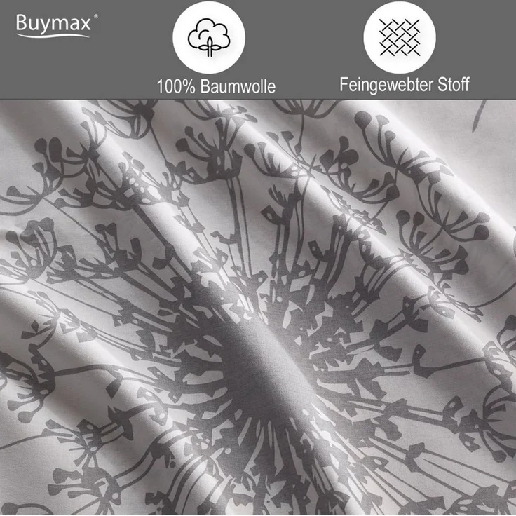 Buymax Bettwäsche Willow, Renforcé: 100% Baumwolle, 4 teilig, 155x220 cm, Bettbezug-Set mit Reißverschluss Blumen Blätter, Weiß Grau – Bild 4