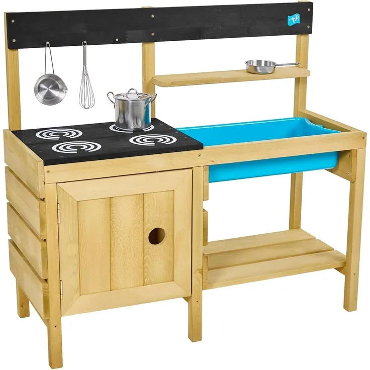 TP Toys TP TP611 Holzspielzeug Junior Chef Mud Kitchen | FSC | Wet & Dry Activity | Splash Tub, Pfannen und Zubehör | Sand, Wasser, Sensory & Messy Play | 3 Jahre, Holzfarben, 95 x 38 x 88cm (LWH)