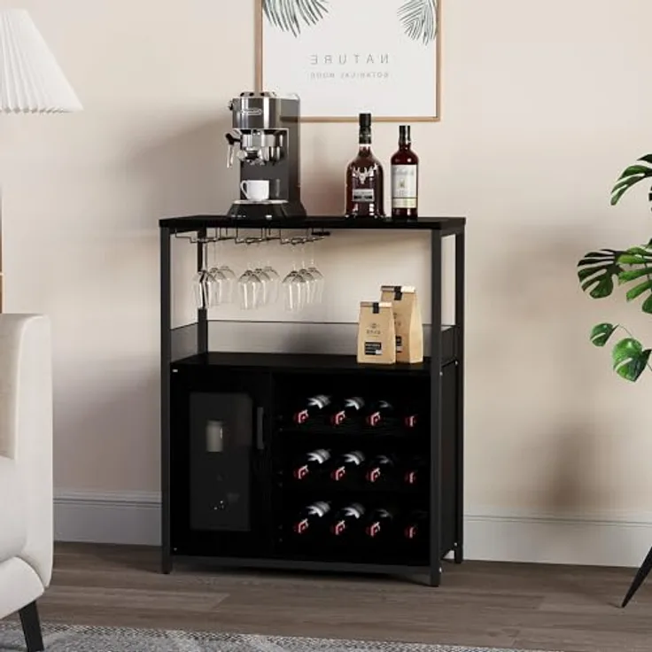 GarveeLife Weinschrank Industrial Küchenschrank Barschrank Mit Verstellbarem Weinregal Und Glashalter Weinregal Mit Abnehmbarem Weinschrank Sideboard Buffetschrank Freistehend, 69 x 35 x 92Cm