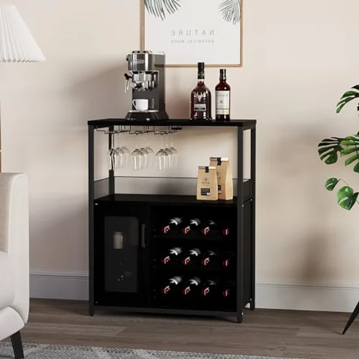 GarveeLife Weinschrank Industrial Küchenschrank Barschrank Mit Verstellbarem Weinregal Und Glashalter Weinregal Mit Abnehmbarem Weinschrank Sideboard Buffetschrank Freistehend, 69 x 35 x 92Cm – Bild 1