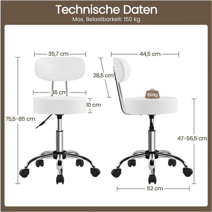 Yaheetech Drehhocker 75,5 cm – 85 cm Höhenverstellbarer Barstuhl, Arbeitshocker mit 360° Drehbarer Sitzfläche & Rückenlehne – Bild 3
