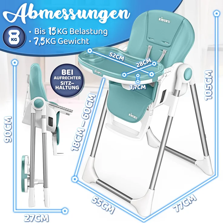KIDUKU® Hochstuhl Baby 3in1 mit Neugeborenenaufsatz + Lätzchen, Spielbogen & Tisch | Kinderhochstuhl klappbar mit Liegefunktion | Kombihochstuhl höhenverstellbar | Babystuhl mitwachsend 0-36 Monate – Bild 8