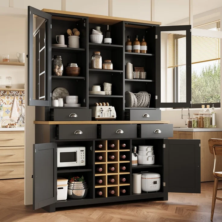 Merax Mehrzweck-Hochschrank für Zuhause mit Kippschutz, Standschrank für Küche und Wohnzimmer mit Glastür, Metallgriffen und Soft-Close-Funktion, herausnehmbares Weinregal, Schwarz – Bild 2